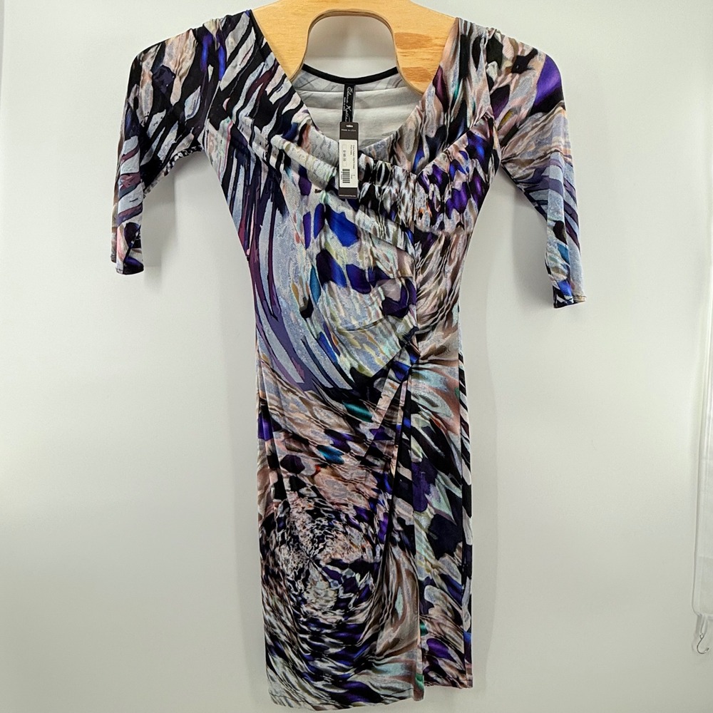 Elena Kattan Vintage Abstract Print Dress Ruched Bodycon Multicolor Small Artsy